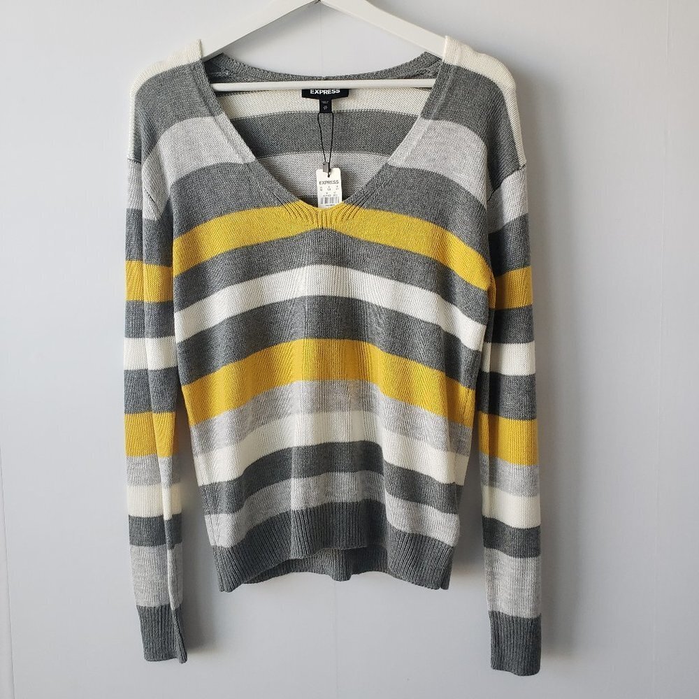 express grey‎ white & yellow striped v-neck sweater szie XS